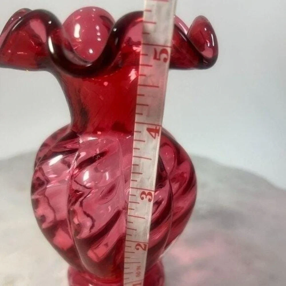 Vtg Fenton Vase Hand Blown Country Cranberry Red Glass Ruffled Optic Swirl Gift